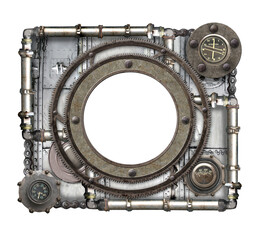 Poster - Metallic frame with vintage metal details, pipelines, gear, retro rivets. Isolated on white background. Mock up template. Copy space for text. Can be used for steampunk, industrial, mechanical design