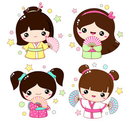 Canvas Print - Set of cute little girls with fans in kawaii style. Hanami season collection of Japanese traditional toy kokeshi doll in kimono. Vector illustration EPS8  