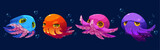 Fototapeta Pokój dzieciecy - Octopus cartoon character set. Cute funny childish underwater animal with different face emotions and water bubbles. Vector illustration collection of swimming adorable baby kraken with tentacles.