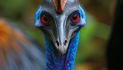 A close-up portrait of a cassowary with striking blue and red colors on its neck and a sharp, intimidating gaze