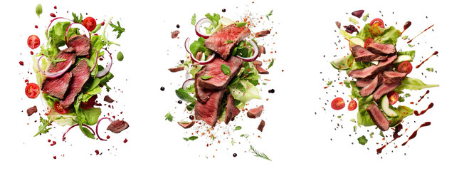 Fototapeta collection of png. falling steak salad ingredients, sliced beefsteak, food packaging concept isolated on a transparent background.