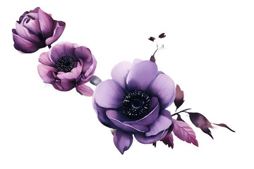 Wall Mural - Watercolor Purple Floral Bouquet Clipart  Gothic Flowers PNG Illustration 