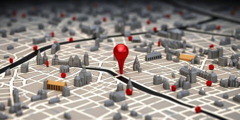 Poster - Conceptual 3D City Map with Red Location Pin Marker Highlighting Destination on a Detailed Grey Urban Street Grid Background for Navigation