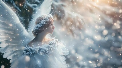 Wall Mural - A winter angel peers out from behind a frostcovered tree their wings enveloped in a swirl of falling snowflakes as they embody the magic and wonder of the season.