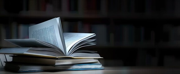 Canvas Print - Pile of open books against backdrop of hand with ample space for text symbolizing pursuit of education and knowledge scene set in realm of literature and learning old pages and vintage texts