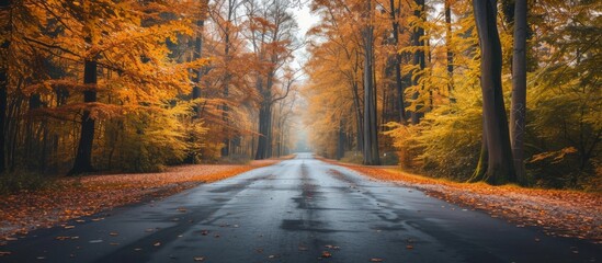 Wall Mural - Autumn Vibes: Long Road Leading to a Serene Park in the Midst of a Long, Road-Filled Autumn