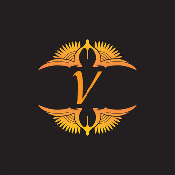 silhouette of a person with wings, a beautiful alphabet little symbol V.
