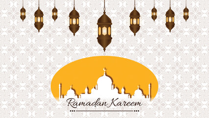 Wall Mural - ramadan kareem mubarak wishing banner with mosque and lantern vector design