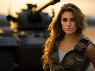 Canvas Print - Beautiful woman in military uniform posing in front of tank. Generative AI.