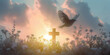 Silhouette of flying bird on christian cross, Bird hope worship in God, Resurrection