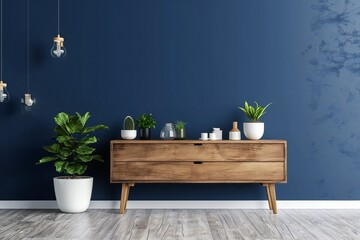Sticker - Chest of drawers in the living room with blue wall. Copy space interior background