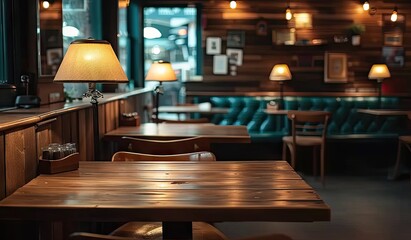 Wall Mural - Empty wooden table in cafe with blurred background perfectly set for showcasing products in restaurant or bar environment table vintage design complements modern relaxed lifestyle of city pub