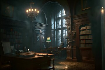 Wall Mural - Slow zoom in a dark academy style mansion's living room with bookshelf and working area 