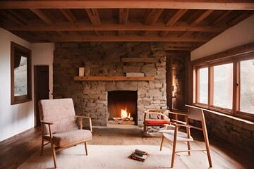 Wall Mural - The fire is flickering in the fireplace in a cozy cabin house in the mountains 