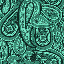 Teal And Black Seamless Pattern With Paisley Motifs. Traditional Indian Repeat Design.