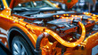 Electric Vehicle Powertrain in Detail, Hybrid Car Engine with Glowing Lights, Automotive Industry Technology