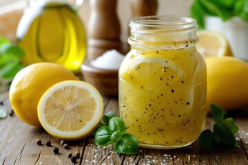 Wall Mural - Front view of a jar filled with lemon vinaigrette dressing on rustic wooden table. 