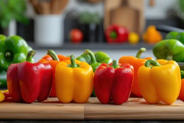 Poster - Front view of various multicolored bell peppers on a wooden cutting board with a defocused kitchen background. 