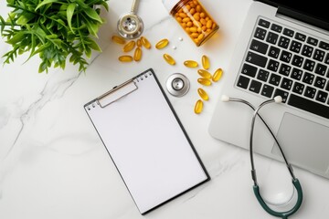 Top view of a white desk with a laptop, a note pad, some omega 3 capsules, a pill bottle, a plant and a stethoscope on top. 