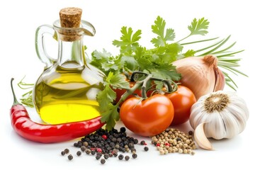 Vegan ingredients for seasoning: Olive oil bottle surrounded by a spanish onion, a chili pepper, two garlic cloves, some peppercorns, some coriander leaves 