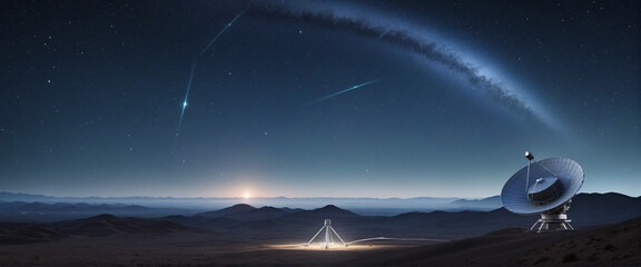 collection Set of Radio telescopes at night with starry nights releasing with hologram hud as wide banner for space research and discovery and futuristic communication concepts, dreamy picture