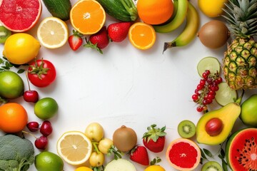  Fruits and Vegetables Frame. White Copy Space. 