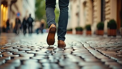 Wall Mural - Focused closeup of person feet walking along city street capturing urban life and motion active lifestyle with shoes stepping on road of busy town