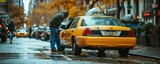 Fototapeta  - Detail of yellow cab in big city. Yellow taxi transport car in autumn new york.