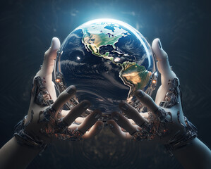 Sticker - The hand of a robot with artificial intelligence holding the planet earth, the penetration of artificial intelligence into all spheres of life on the planet.