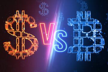 Poster - Cyberpunk VS with digital dollar and bitcoin signs, neon glow in red and blue hues. 3D Rendering