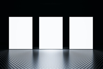 Triple white displays on dark checkered floor, exhibition or gallery presentation. 3D Rendering