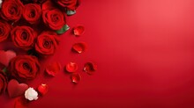 Valentine's Day Banner With Blank Space For Text Top View Red Background With Red Rose And Love Background Concep