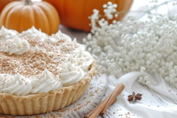 Wall Mural - This is a close up photo of white pumpkins with Baby's Breath flowers on a wood table background with Cheesecake Pumpkin Pie and cinnamon whip cream. 