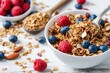 This is a close up photograph of granola being poured out of a scooper surrounded by a bowl of blueberries and raspberries and nuts sitting on an old white wood retro table