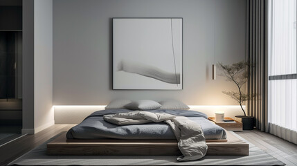 Wall Mural - A cozy minimalist bedroom with a low platform bed, soft gray bedding, and a single piece of abstract wall art. 