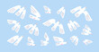 Birds flying in sky. White doves flies. Pigeons in flight set. Feathered winged animals soaring, gliding in air. Peaceful flock, freedom concept. Flat vector illustrations