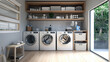 A minimalist laundry room with front-loading machines, open shelving, and a folding area. 
