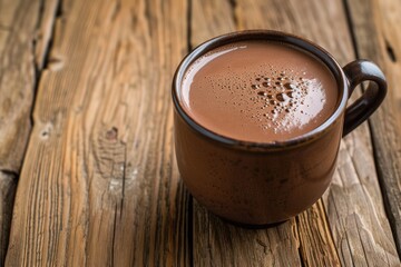 This is a photograph of hot chocolate on a wood background 