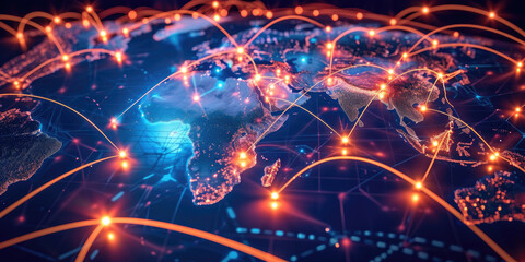 Poster - Blue abstract digital map of asia with lines and dots. Suitable for travel, navigation, cartography, geography,  cyber technology concepts, data transfer and business information