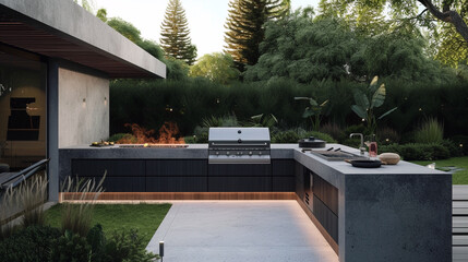 Wall Mural - A minimalist outdoor kitchen with a built-in grill, concrete countertops, and minimal decor. 