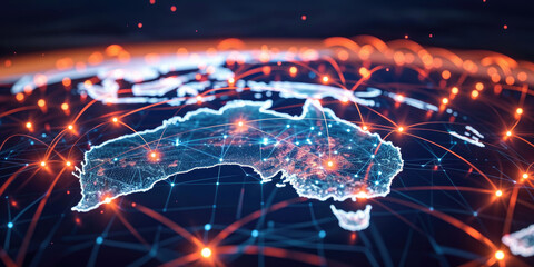 Poster - Blue abstract digital map of Australia with lines and dots. Suitable for travel, navigation, cartography, geography, cyber technology concepts, data transfer and business information
