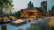 A minimalist rooftop terrace with a fire pit, low seating, and potted plants. 