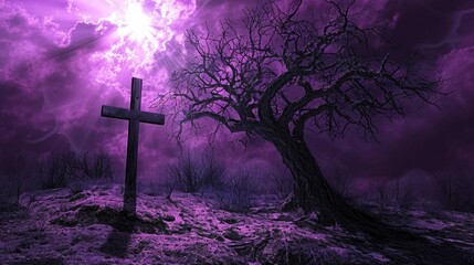 Wall Mural - Surreal Ash Wednesday Tree Shadow Cross. A conceptual image capturing Ash Wednesday with a stark tree shadow forming an ash cross on the ground, set against a surreal purple sky