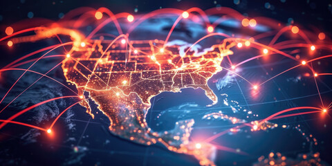 Poster - Blue abstract digital map of asia with lines and dots. Suitable for travel, navigation, cartography, geography, cyber technology concepts, data transfer and business information network