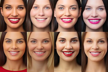 Different beautiful women with even teeth and long hair look at the camera and smile, Generative AI