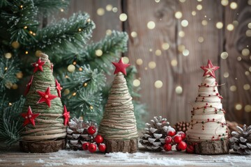 Wall Mural - This is a photograph of three handmade craft Christmas trees on a wood background 