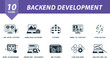 © Mariia - Backend development set. Creative icons: create prototype, homepage artwork, sitemap, website content, tune design, interaction design, project management, sketching, link building, graphic design.