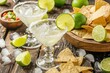 This is a photograph of two modern margarita glasses with a rim of salt surrounded by fresh cut limes and chips and salsa on a retro wood background photographed from a high camera angle