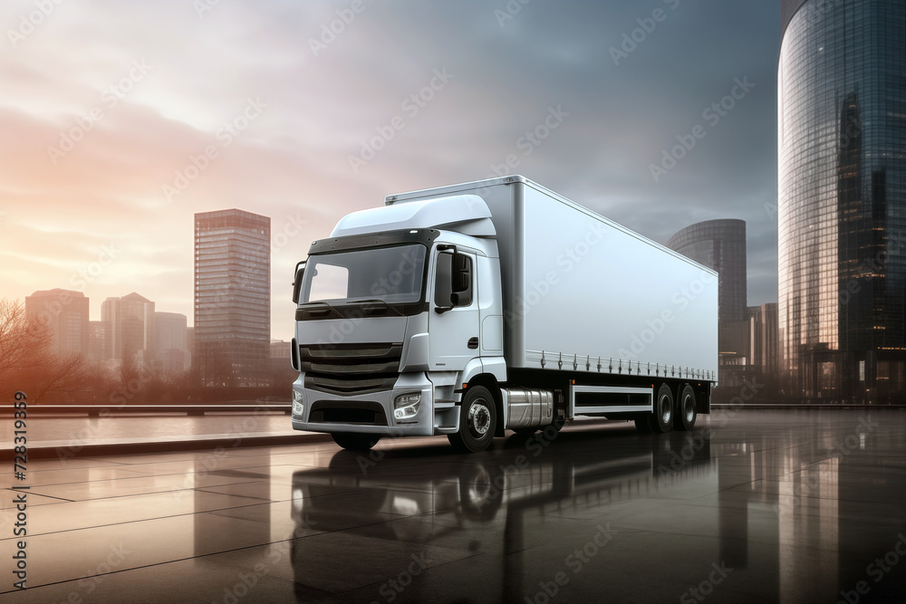Delivery container truck with long empty trailer with mock-up space on ...
