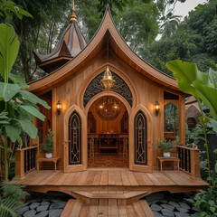 Wall Mural - Tiny one floor timber frame house with double front doors and terrace with mosque and ramadhan theme design